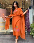 Orange rayon salwar suit with detailed embroidery and gota patti work