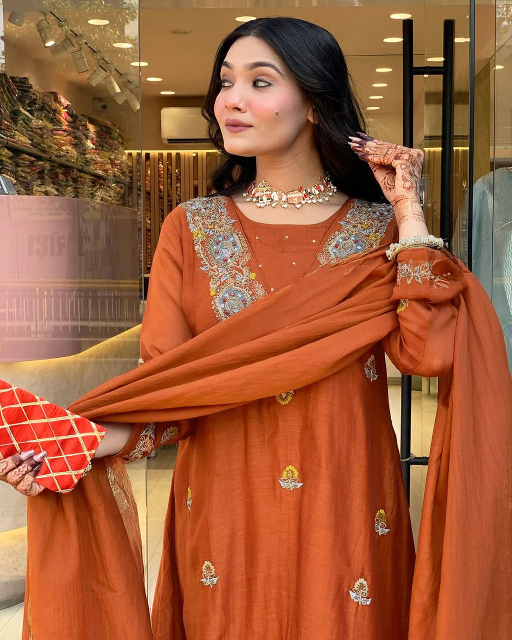 Vegaa Fashion Orange Vichitra Silk Embroidered Salwar Suit