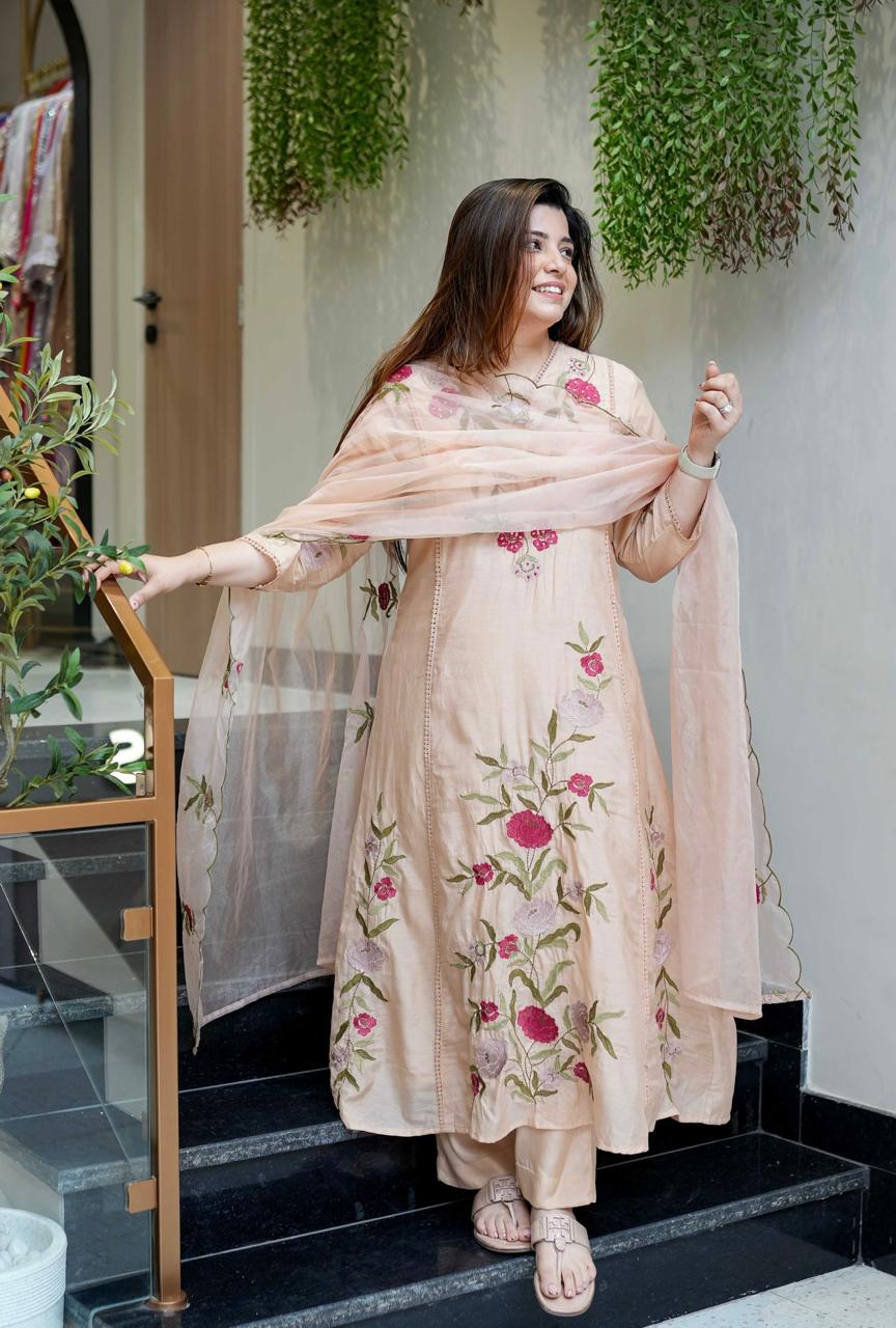 Light peach Chanderi silk salwar suit with detailed gota patti embroidery for festive occasions