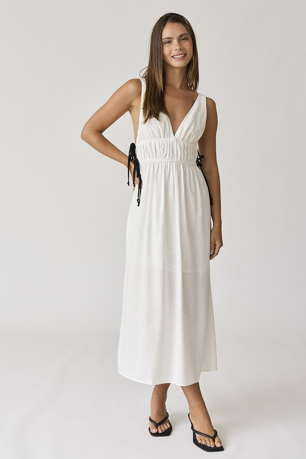 White V-Neck Maxi Dress with Contrast Side Tie Detail - Image 2