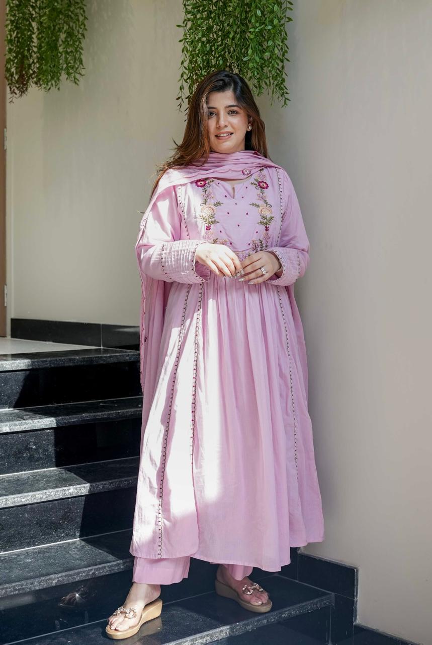 Light pink Chanderi silk salwar suit featuring detailed embroidery and gota patti work