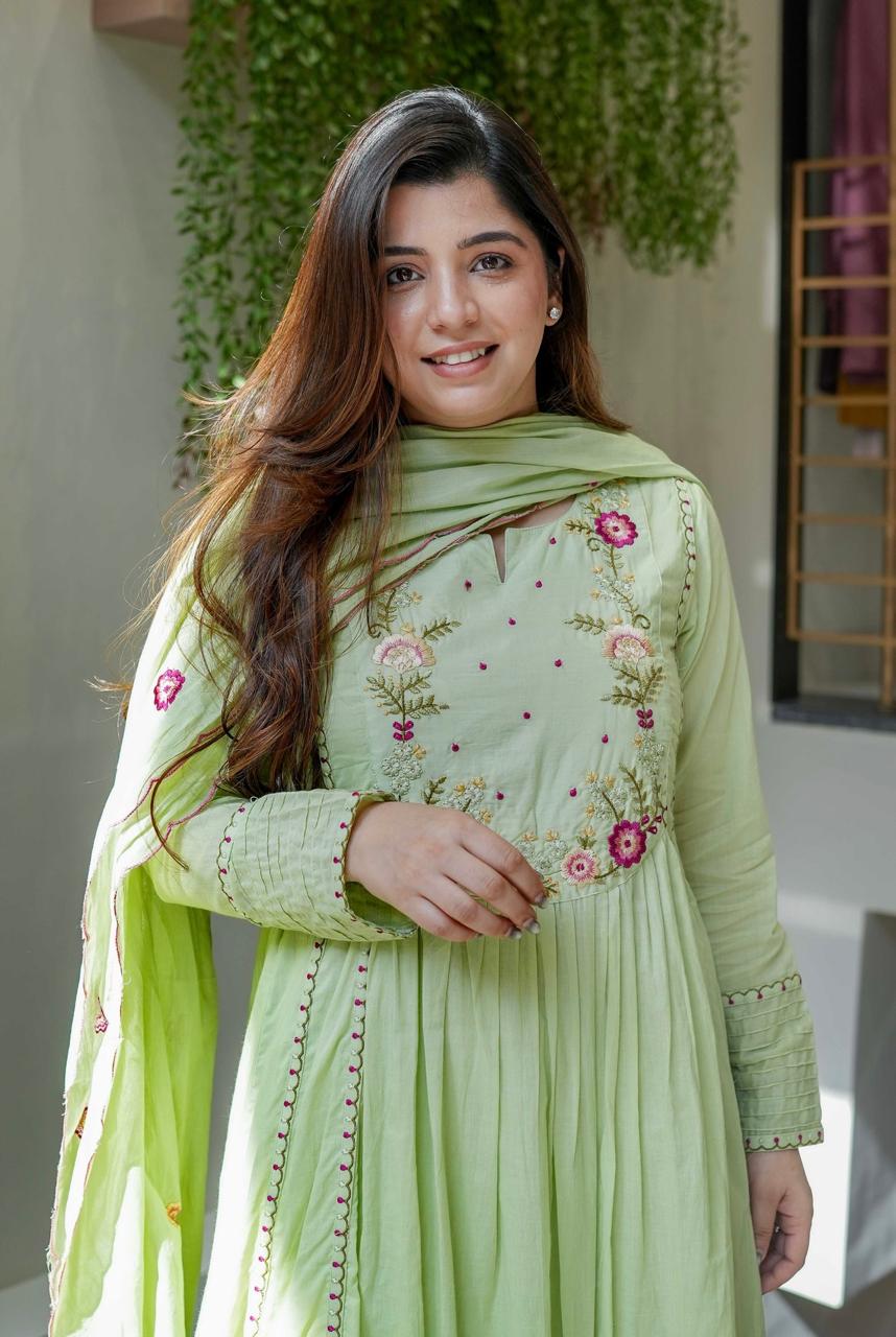 Light Green Chanderi Silk Embroidered Salwar Suit for Weddings