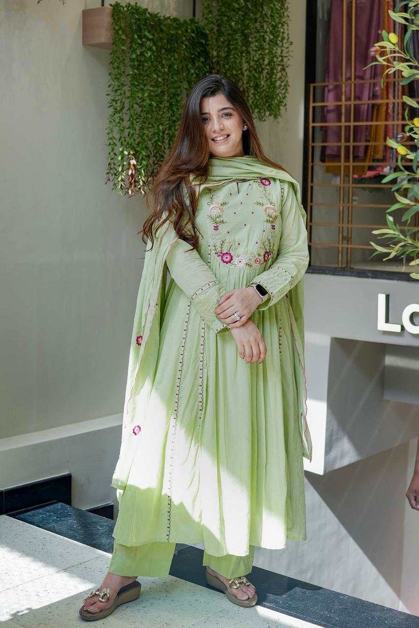 Light Green Chanderi Silk Embroidered Salwar Suit for Weddings