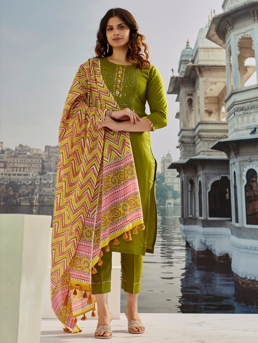 Muslin Cotton Embroidered Salwar Suit in Olive Green and Mustard