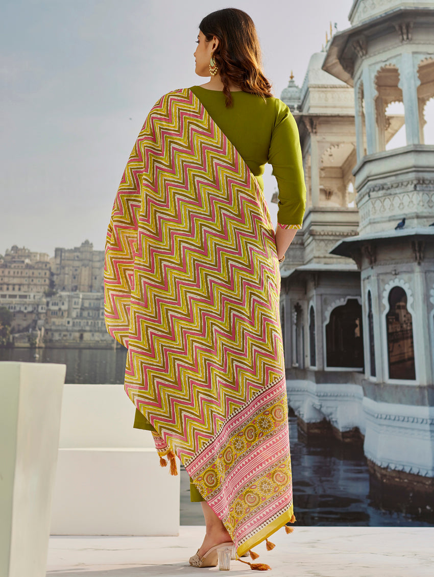 Muslin Cotton Embroidered Salwar Suit in Olive Green and Mustard