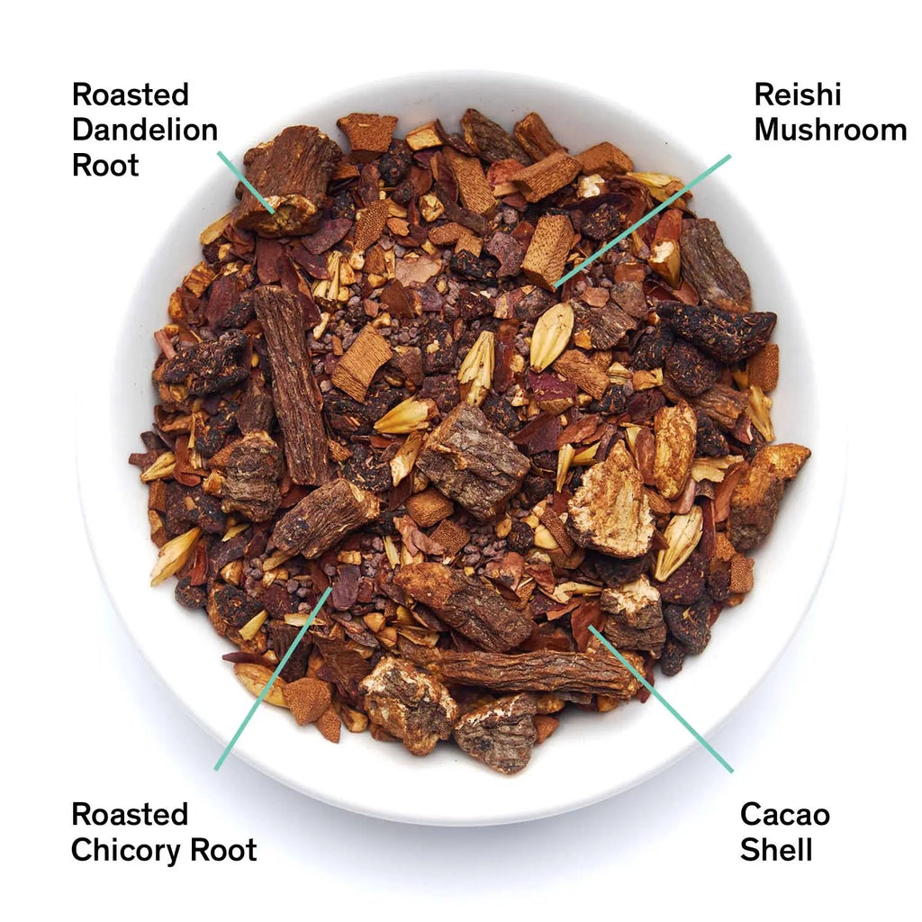 A cup of Daybreak roasted herbal tea with warm nutty tones and rich aromatic qualities.