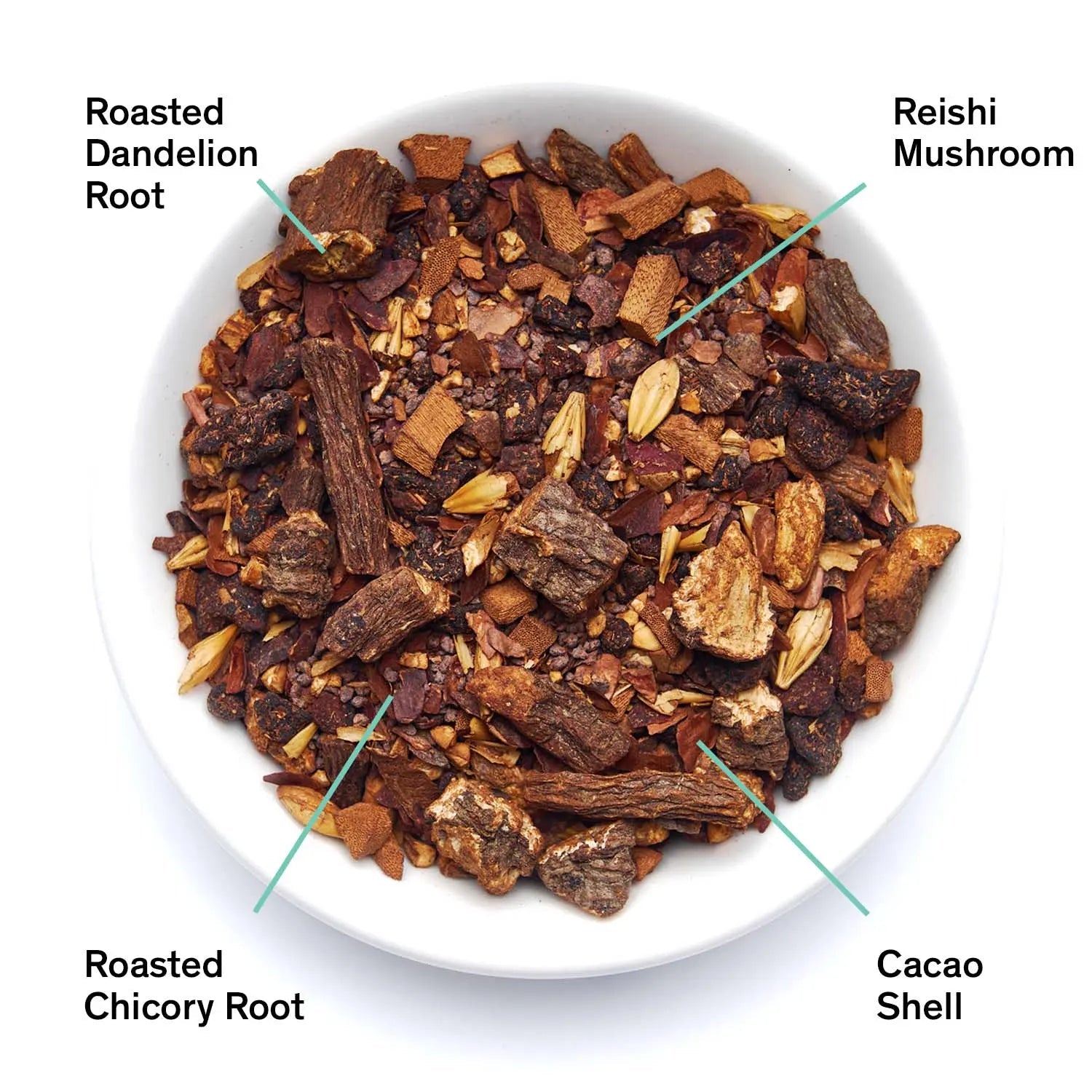 A cup of Daybreak roasted herbal tea with warm nutty tones and rich aromatic qualities.