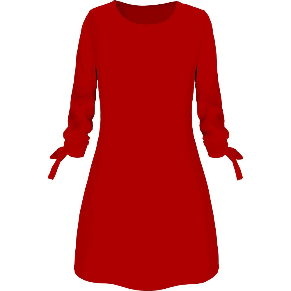 Spring Summer Autumn Solid Color Dress Casual O neck Dress Lace up