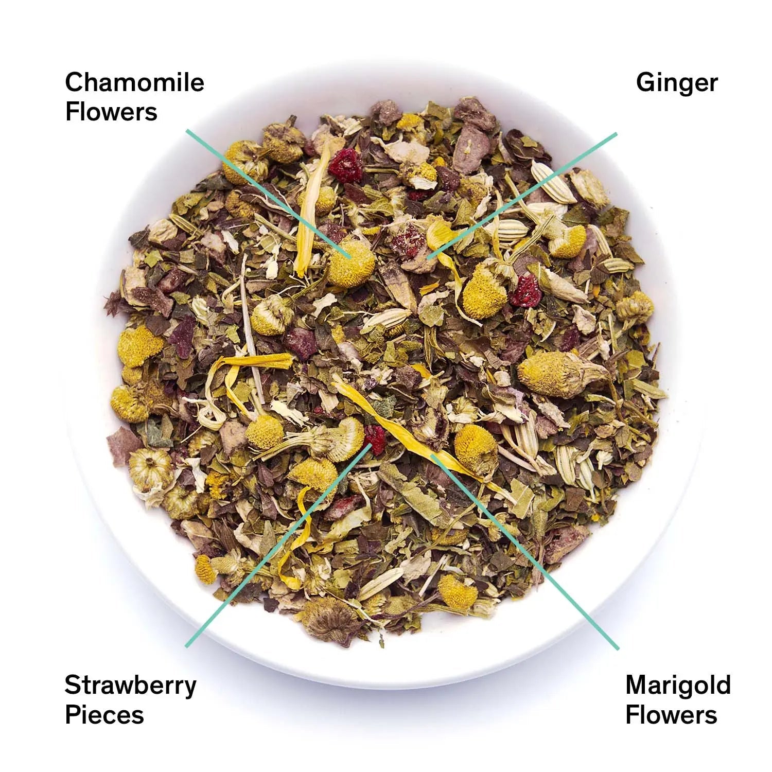 Bag of Nightfall herbal tea next to a bowl of dried chamomile, ginger, strawberry, and marigold ingredients.