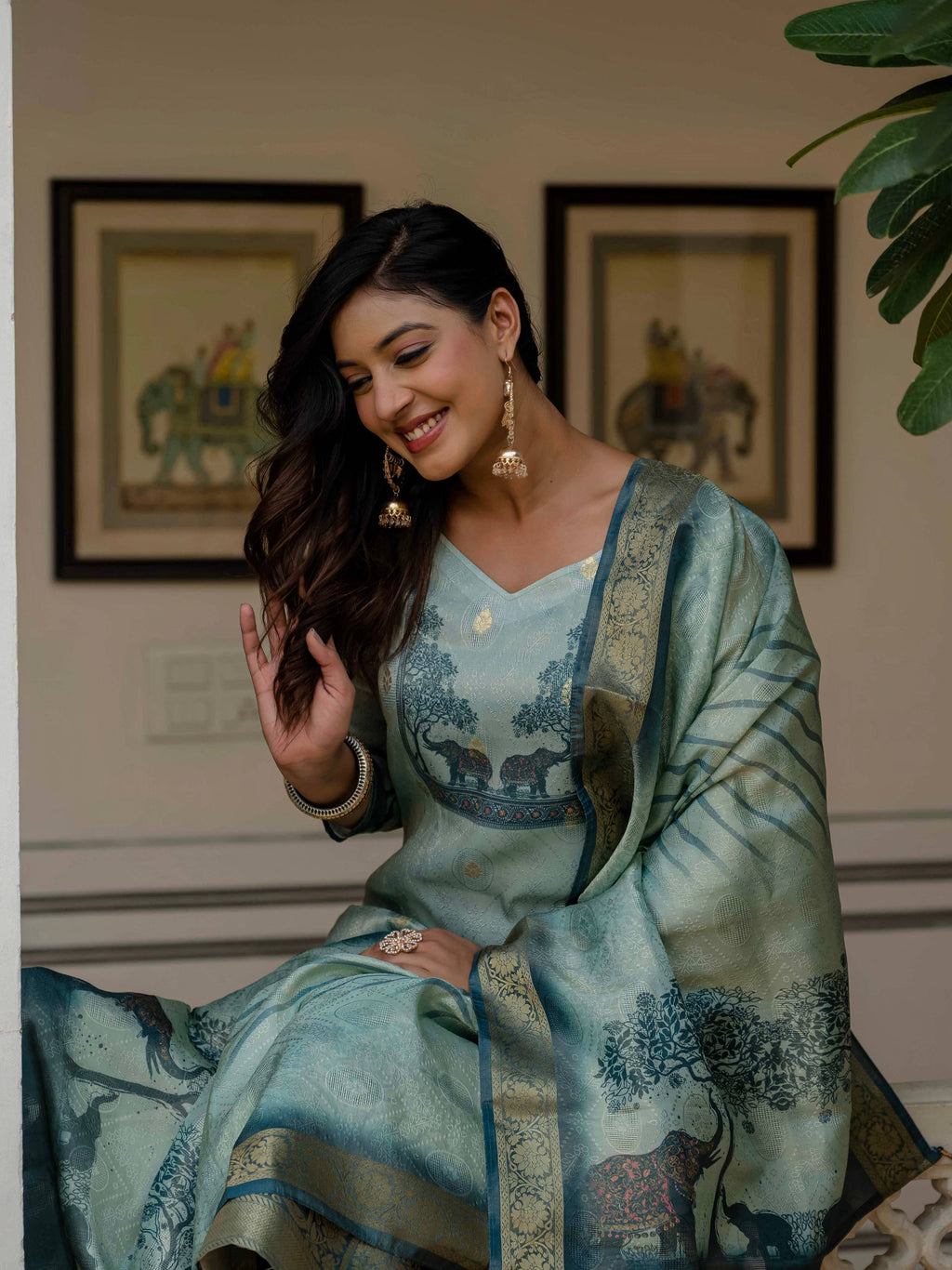 Pista Green Jacquard Silk Printed Salwar Suit for Wedding