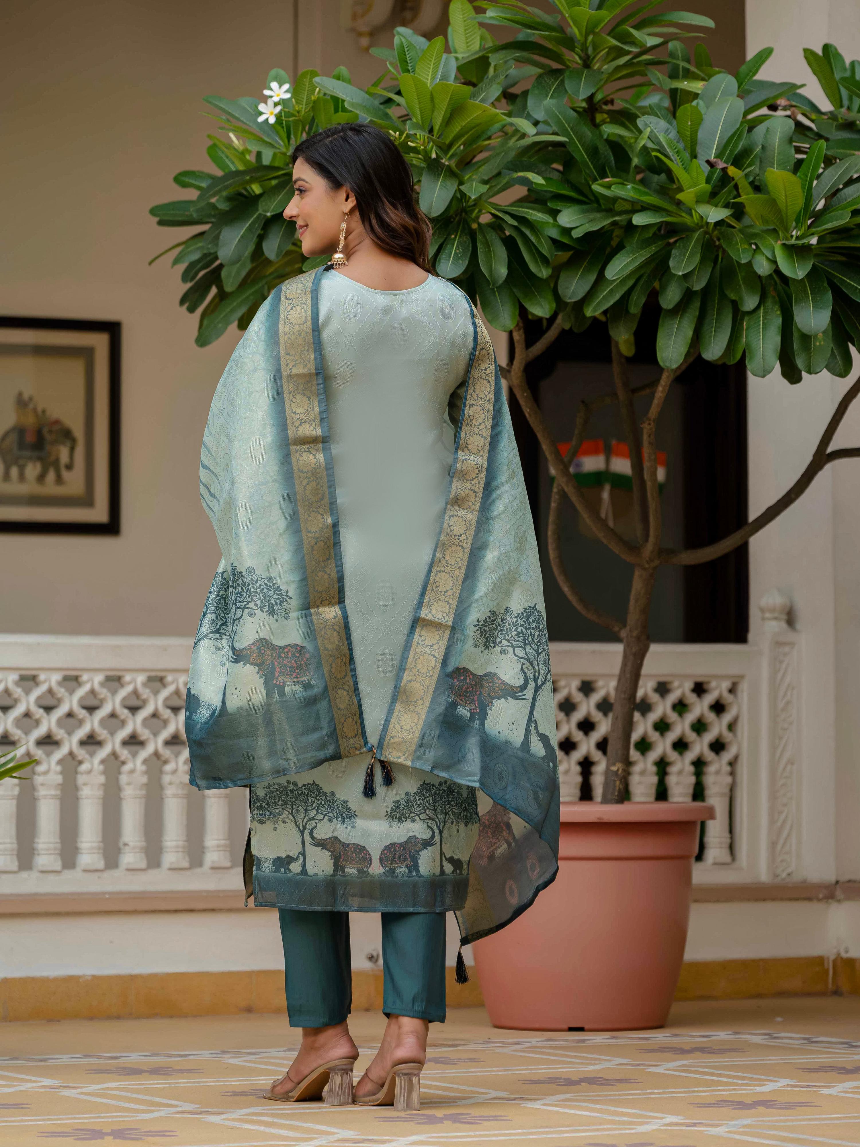 Pista Green Jacquard Silk Printed Salwar Suit for Wedding
