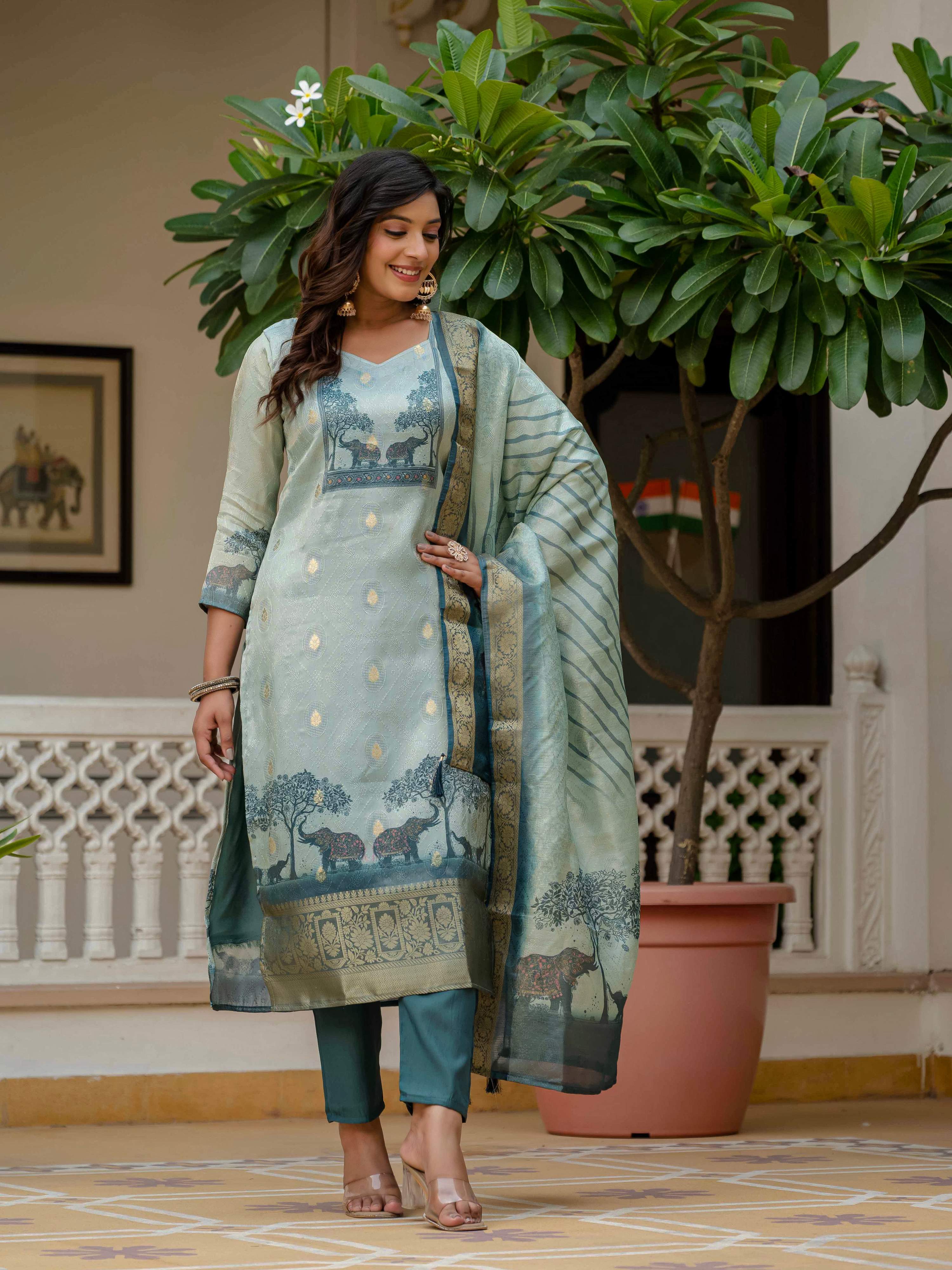 Pista Green Jacquard Silk Printed Salwar Suit for Wedding