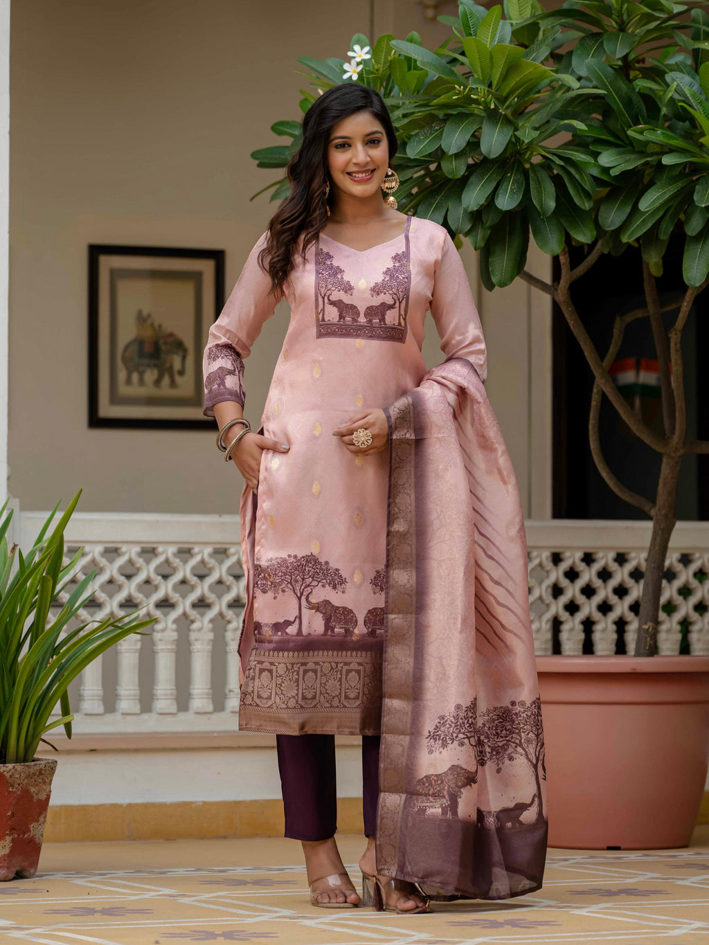 Light Peach Jacquard Silk Printed salwar suit with gota patti accents