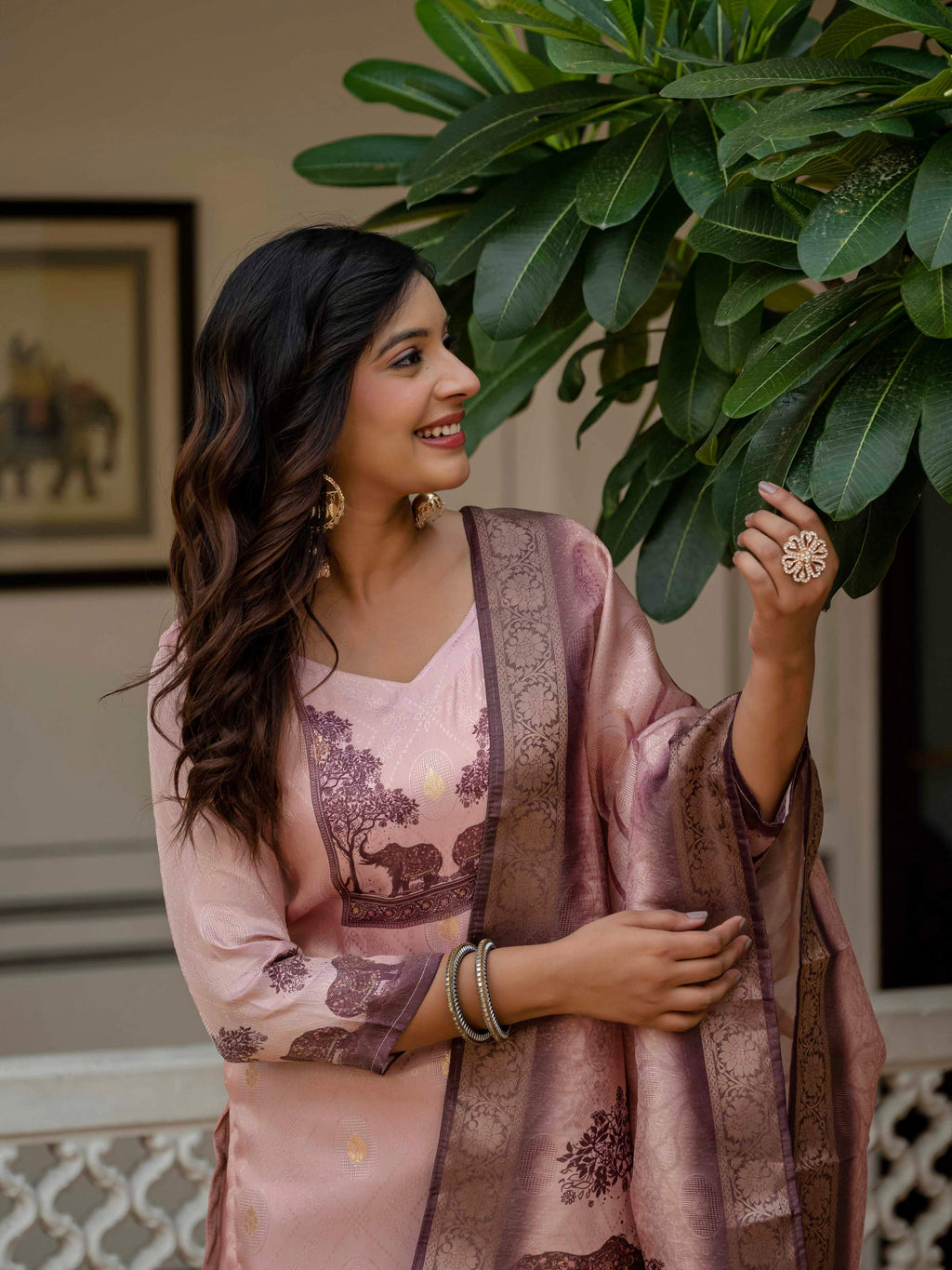 Light Peach Jacquard Silk Printed Salwar Suit for Events