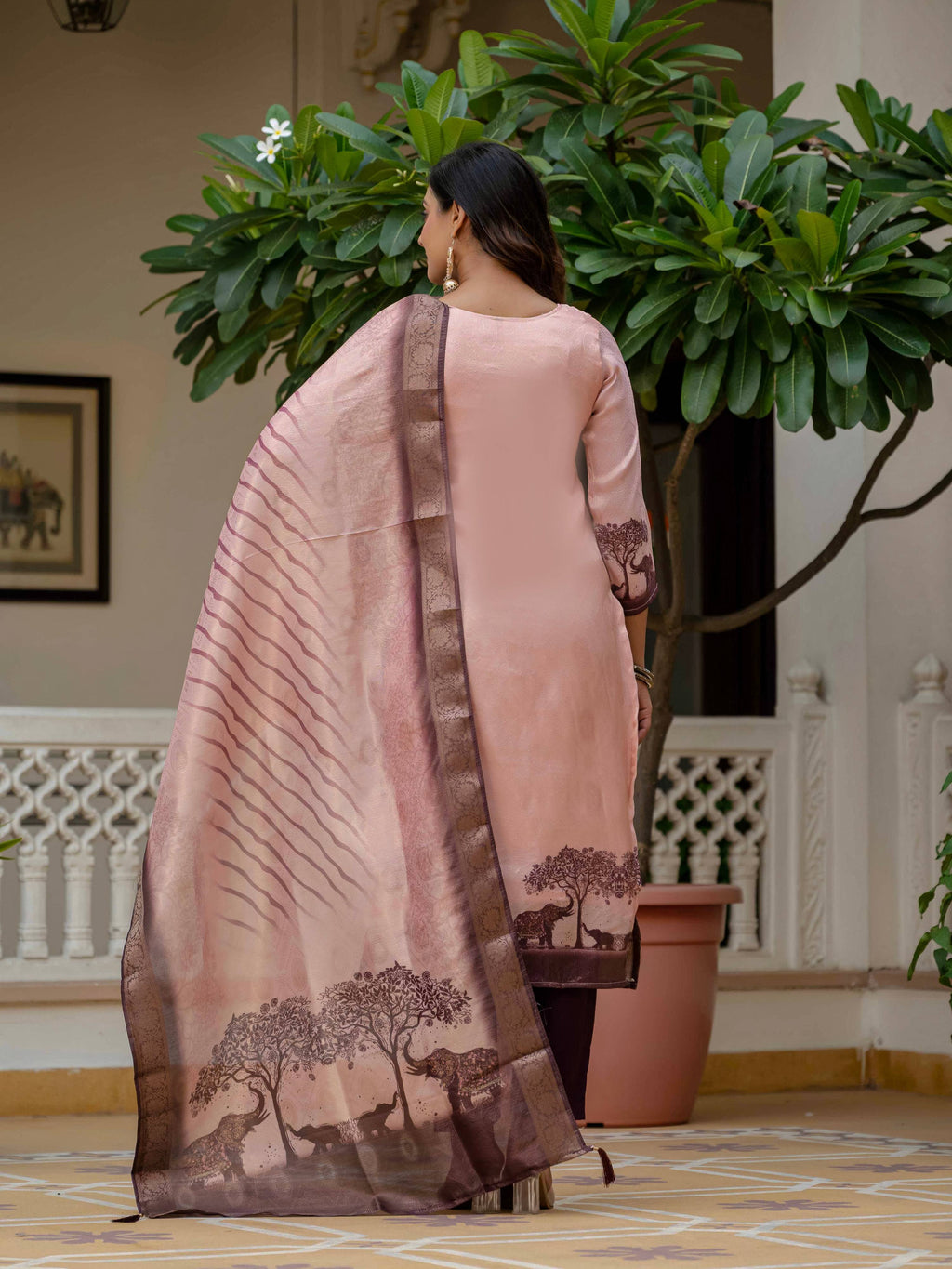 Light Peach Jacquard Silk Printed Salwar Suit for Events
