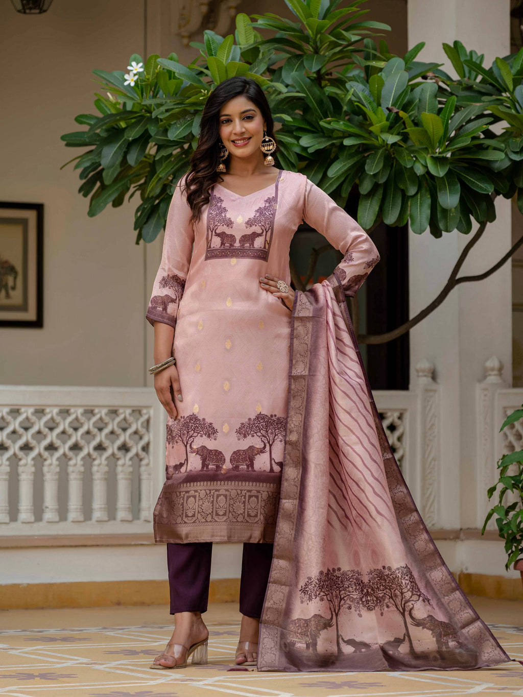 Light Peach Jacquard Silk Printed Salwar Suit for Events