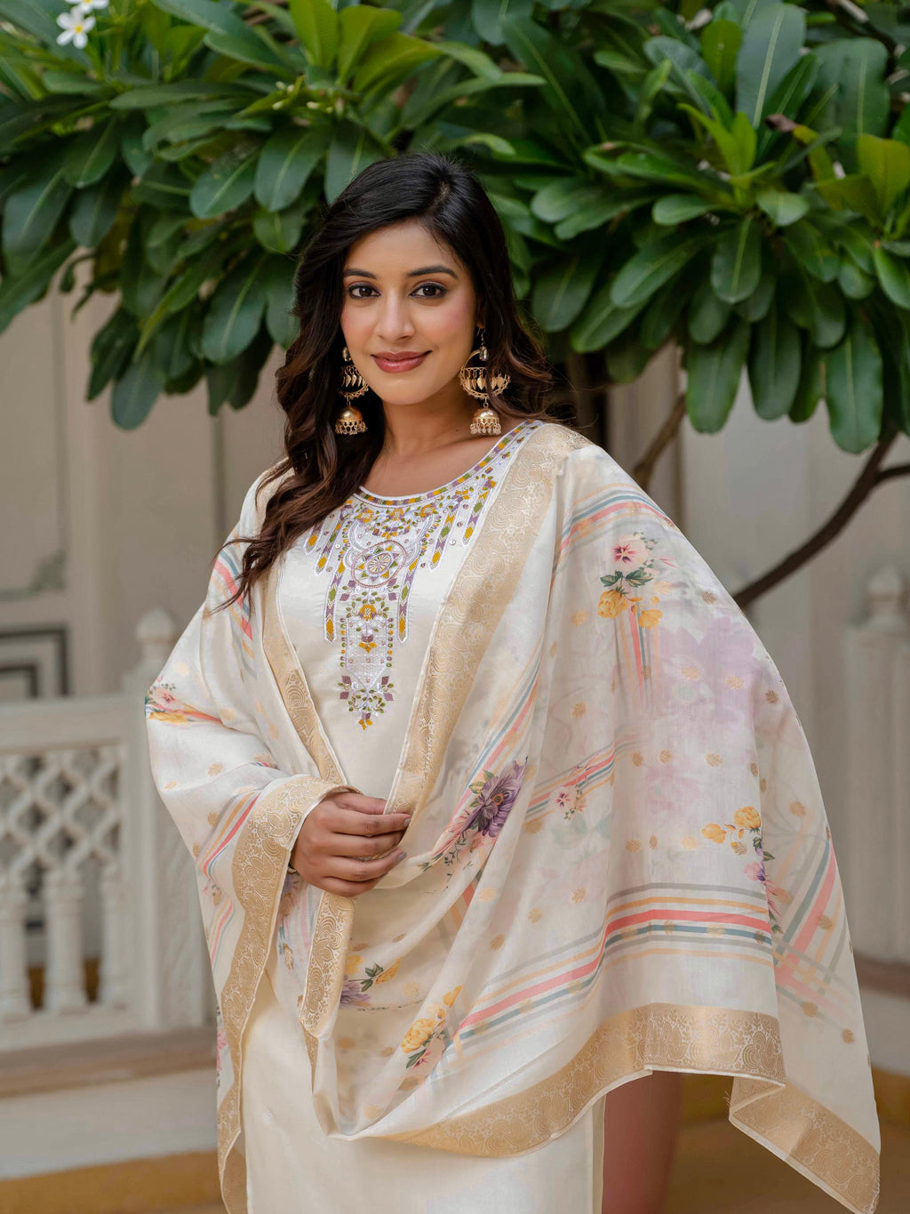 Off White Roman Silk Embroidered Salwar Suit
