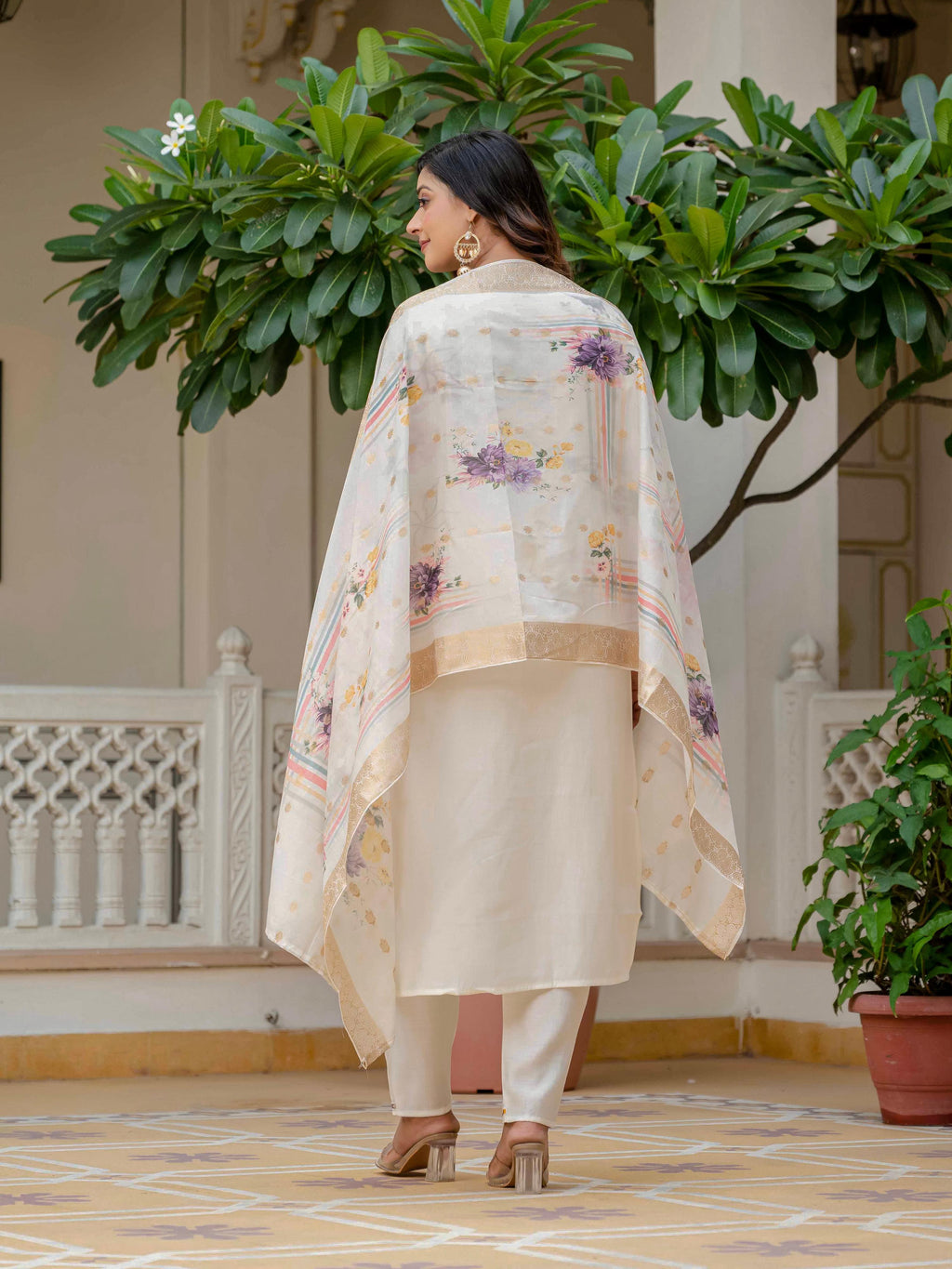 Off White Roman Silk Embroidered Salwar Suit