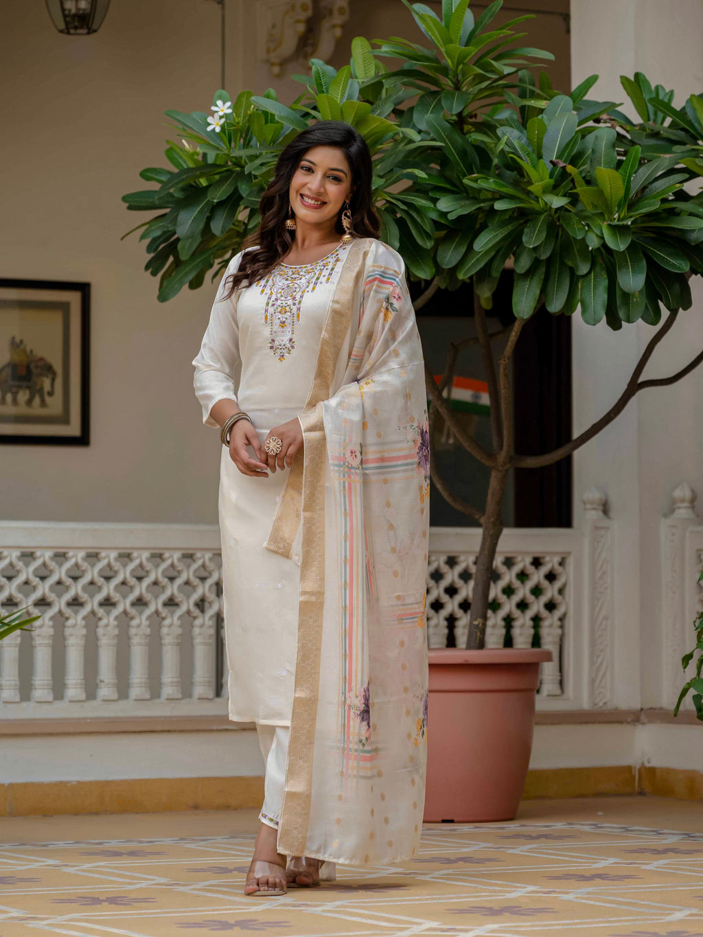 Off White Roman Silk Embroidered Salwar Suit