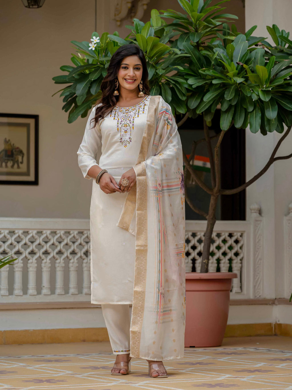 Off white Roman silk salwar suit with elegant embroidery and gota patti detail