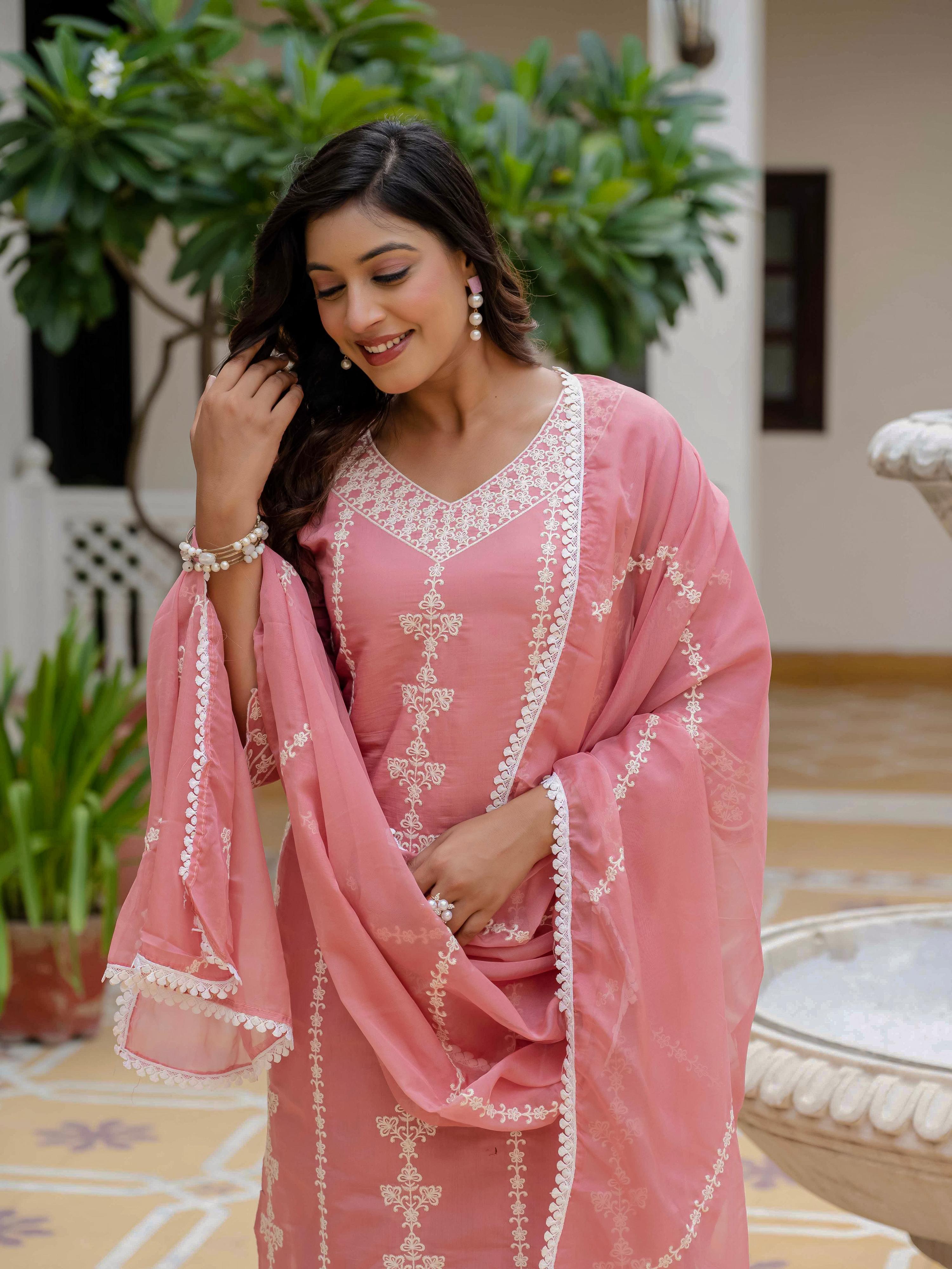Light Pink Roman Silk Embroidered Salwar Suit
