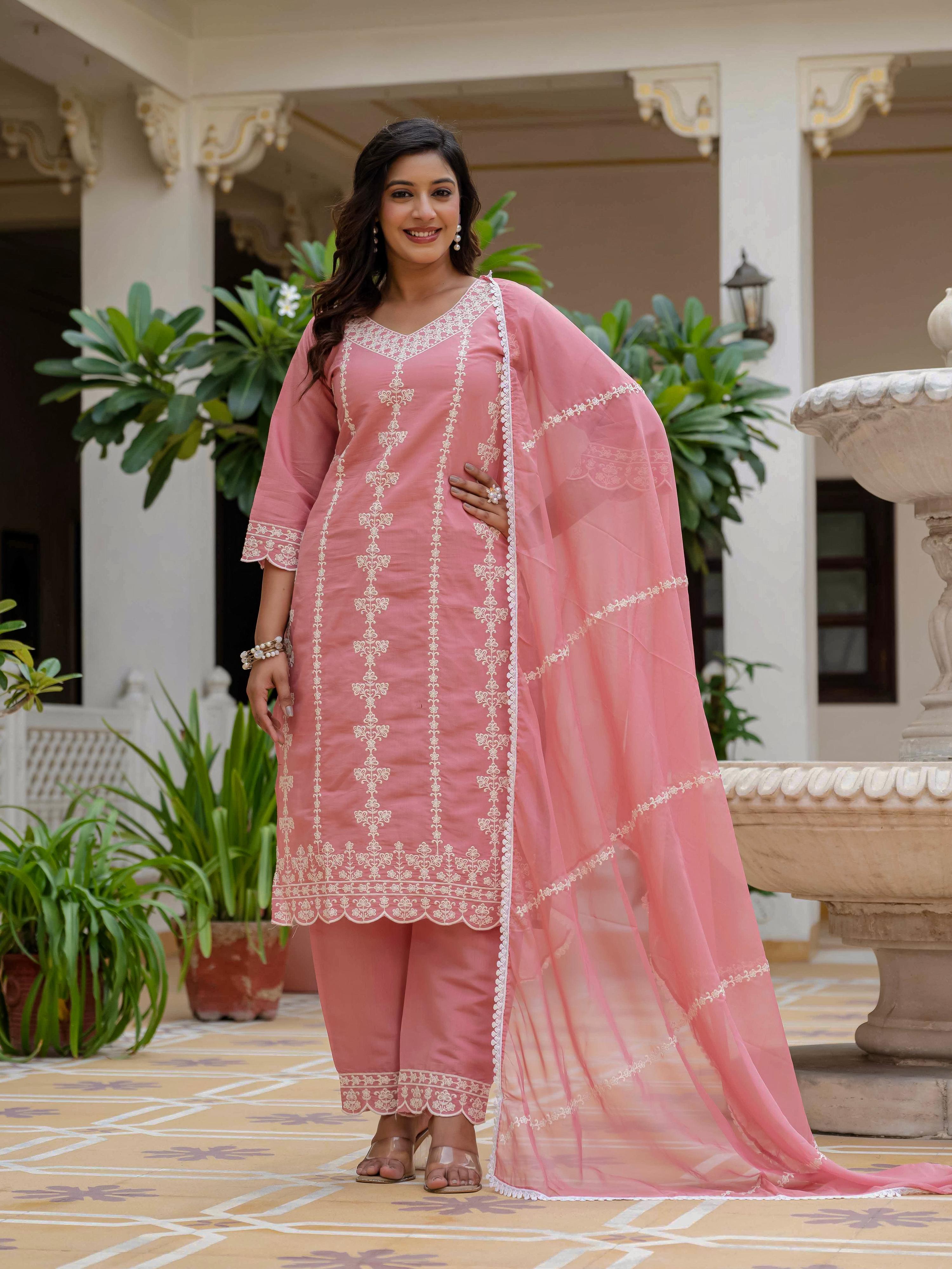 Light Pink Roman Silk Embroidered Salwar Suit