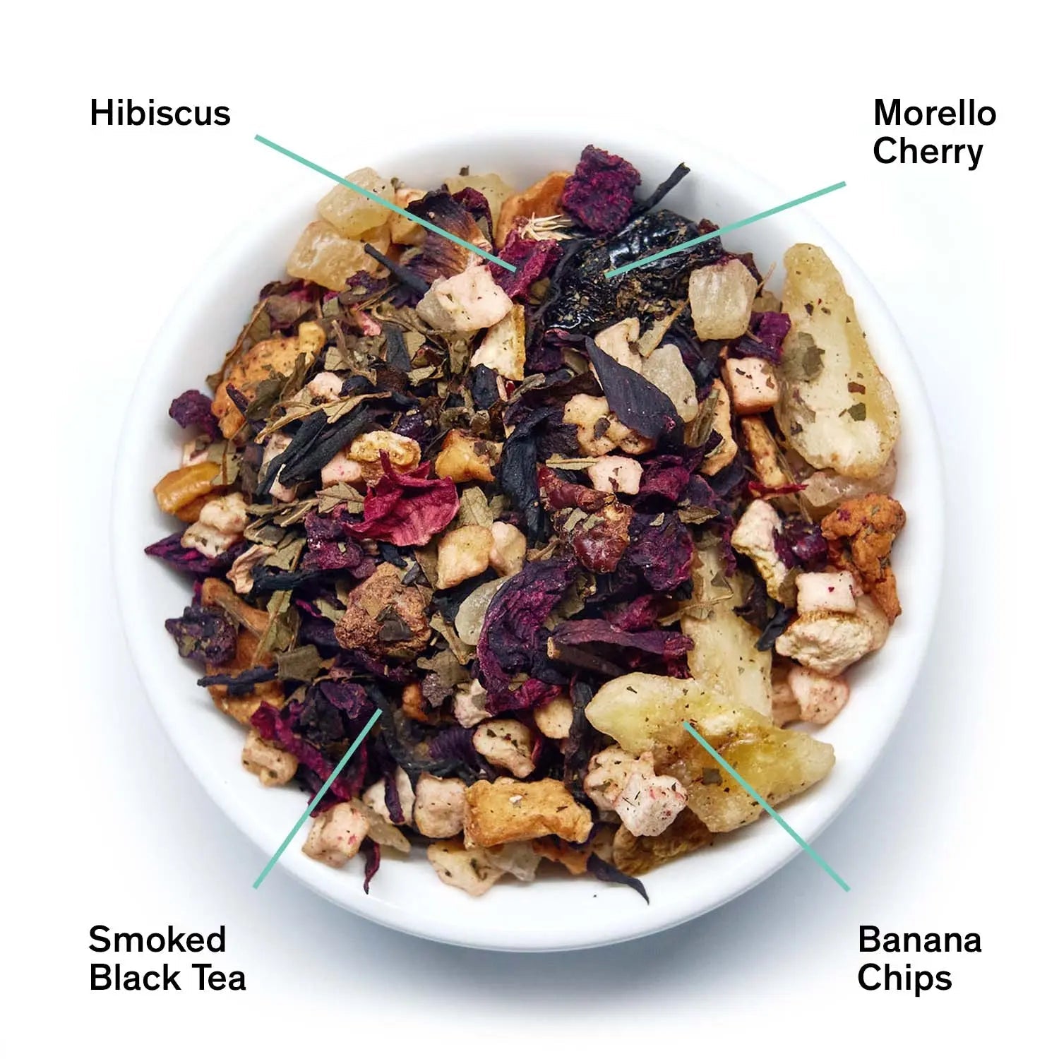 Bowl of loose leaf tea featuring dried hibiscus, cherries, and banana chips next to a glass of iced red tea