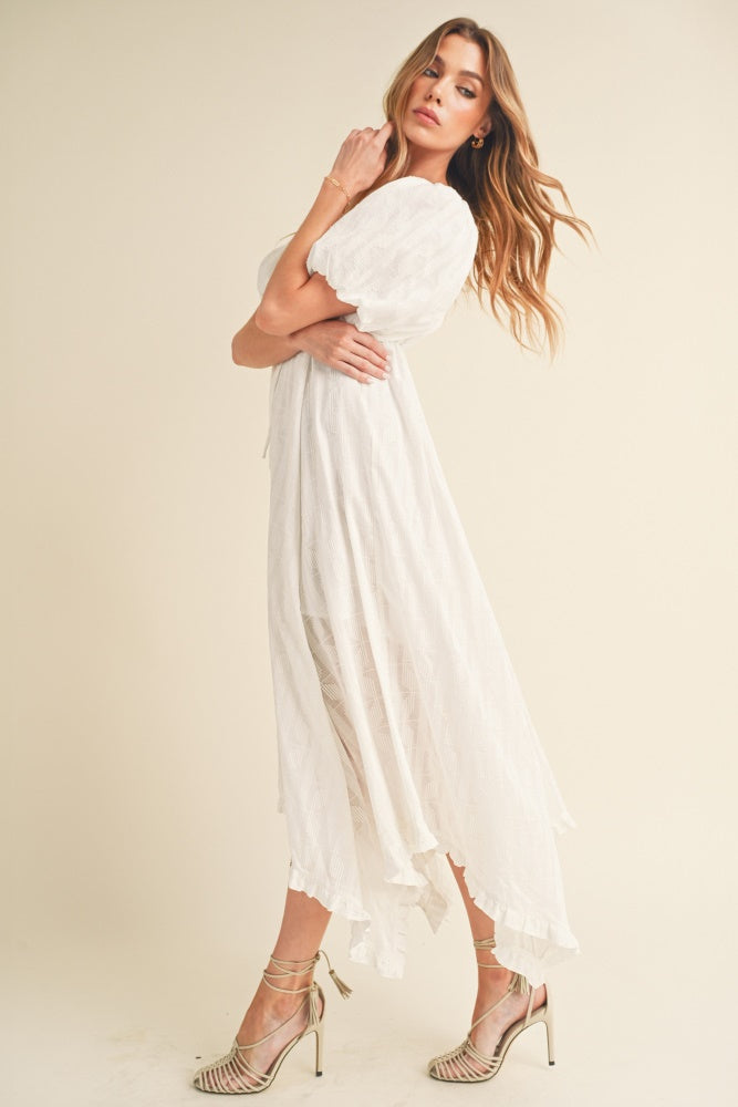 Women's White Flowy Midi Dress with Puff Sleeves and Tie Detail - Image 2