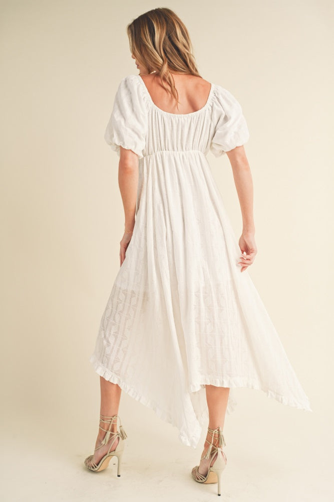Women's White Flowy Midi Dress with Puff Sleeves and Tie Detail - Image 3