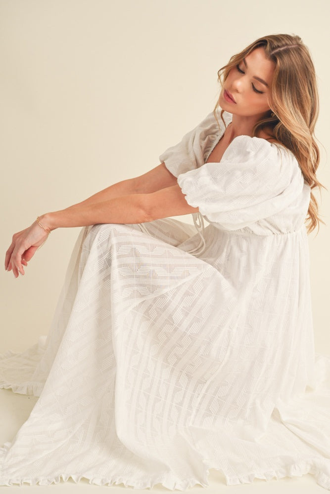 Women's White Flowy Midi Dress with Puff Sleeves and Tie Detail - Image 4