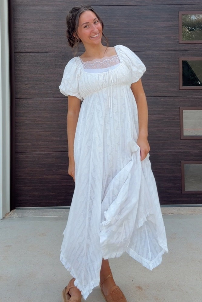 Women's White Flowy Midi Dress with Puff Sleeves and Tie Detail - Image 5