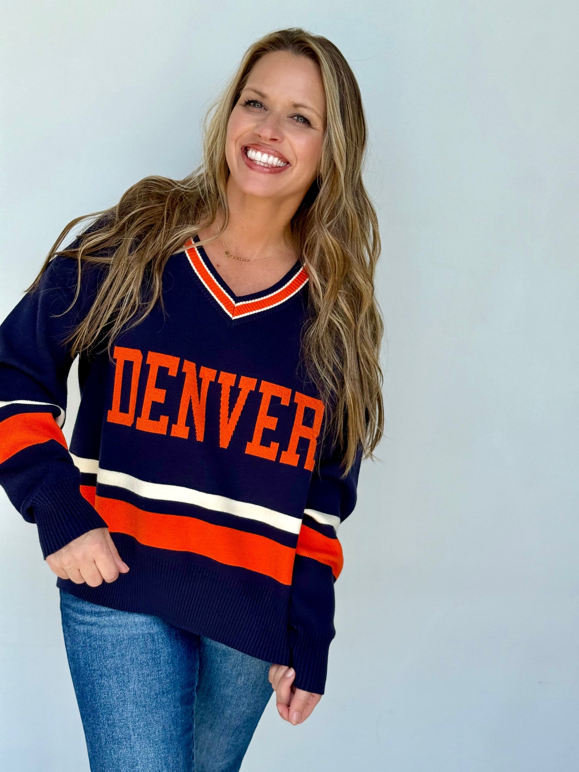 Denver University Varsity Sweater - Preppy Navy Orange Knit Top