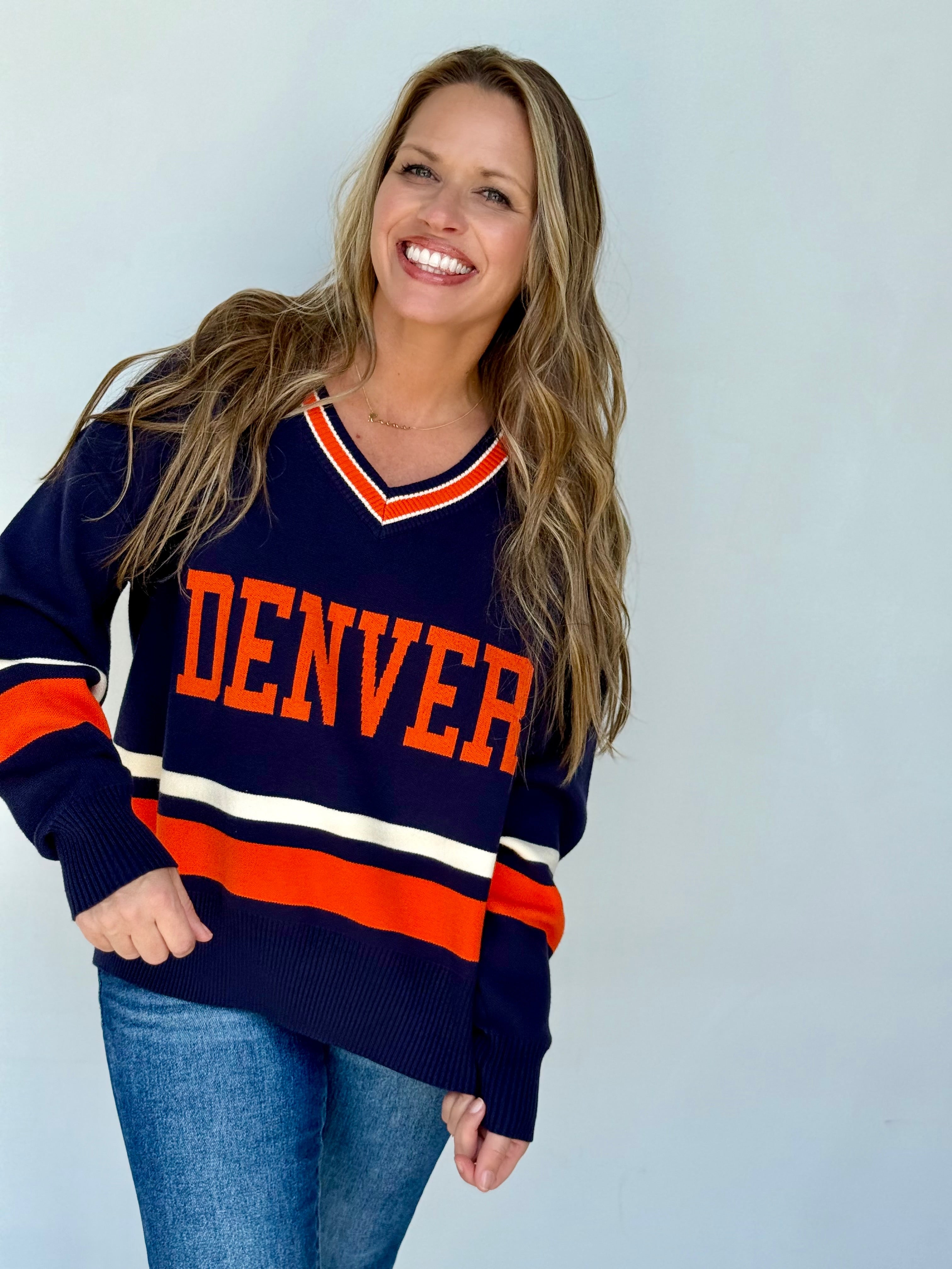 Denver University Varsity Sweater - Preppy Navy Orange Knit Top