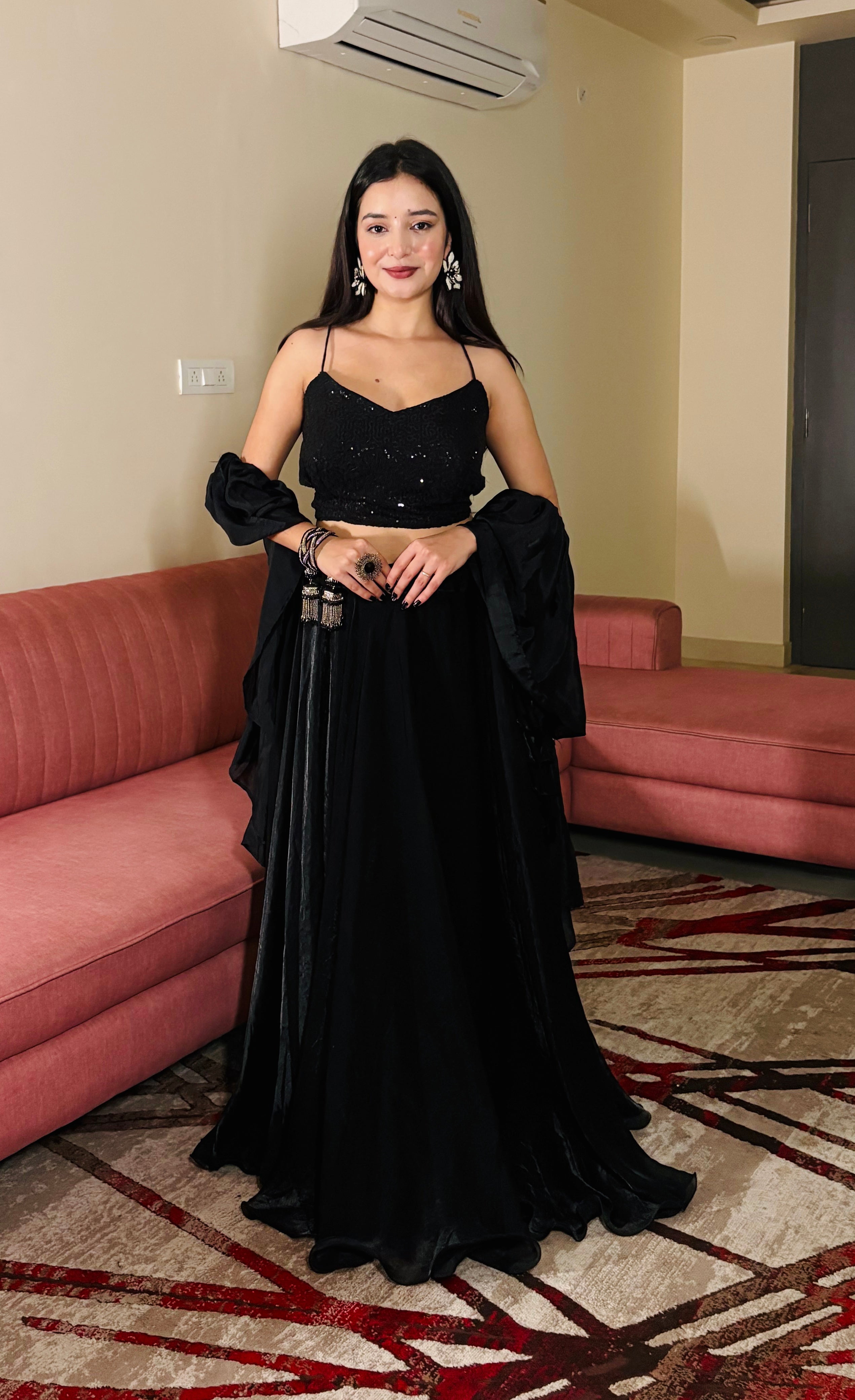 Black Fendy Satin Crush Lehenga Choli set with matching dupatta