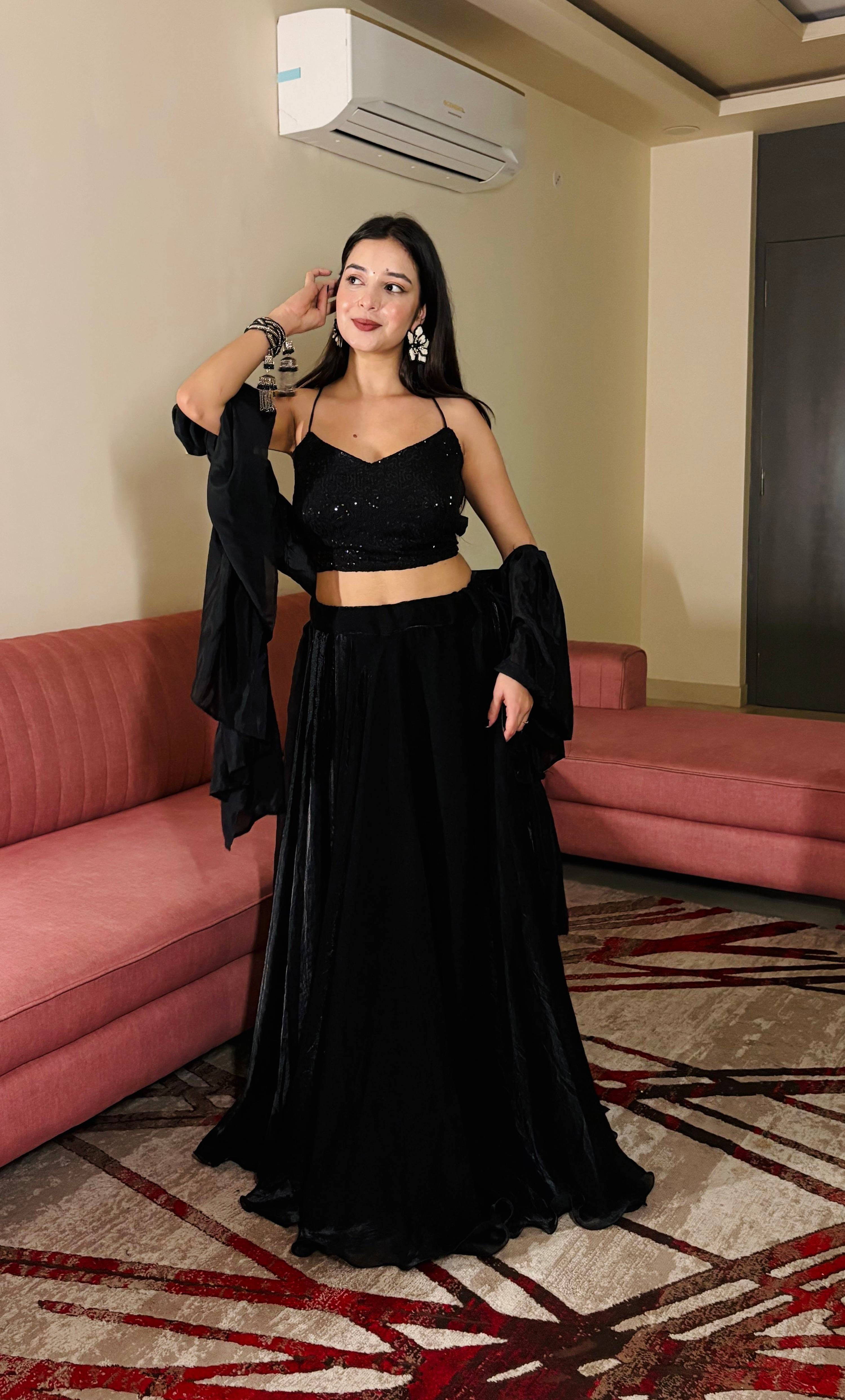 Black Fendy Satin Crush Lehenga Choli with Matching Dupatta