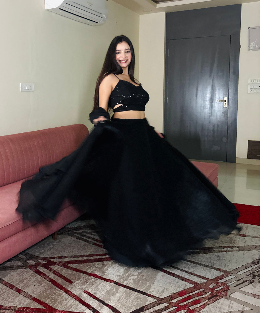 Black Fendy Satin Crush Lehenga Choli with Matching Dupatta