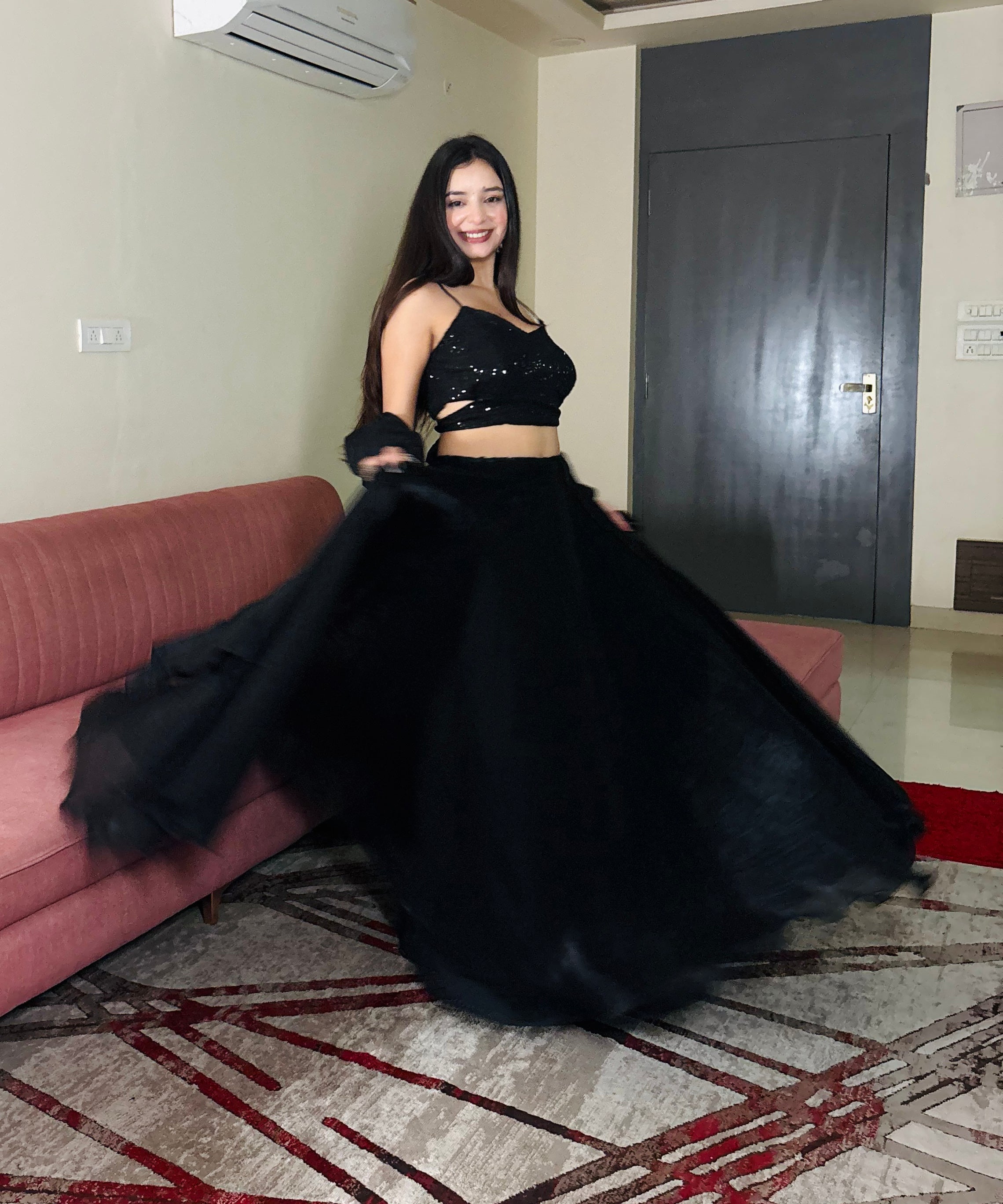 Black Fendy Satin Crush Lehenga Choli with Matching Dupatta