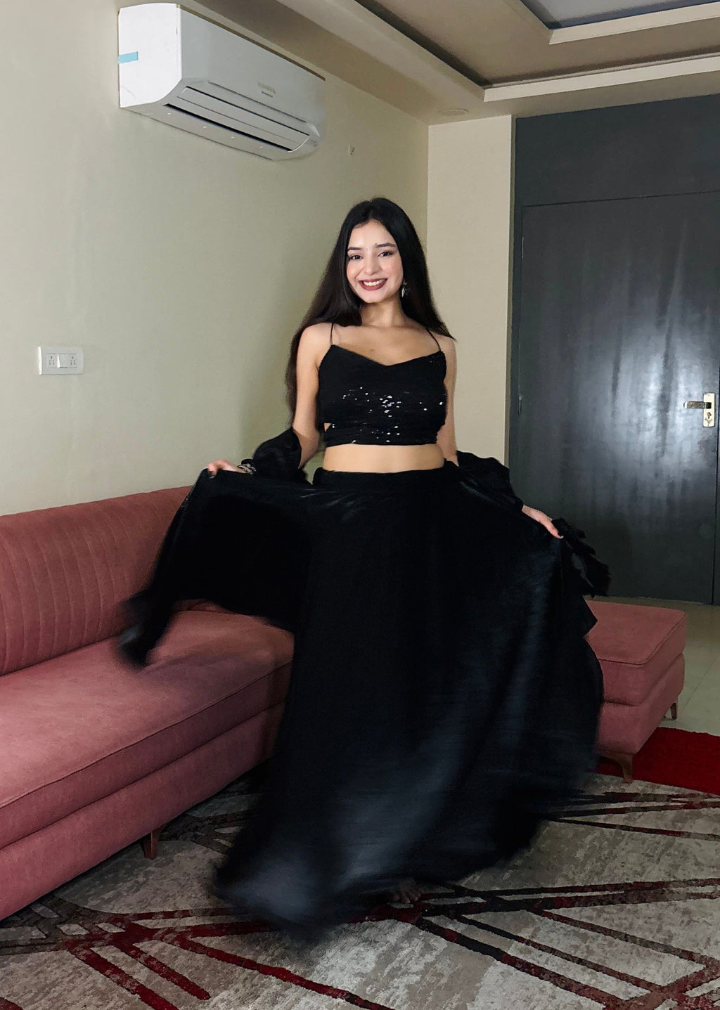 Black Fendy Satin Crush Lehenga Choli with Matching Dupatta