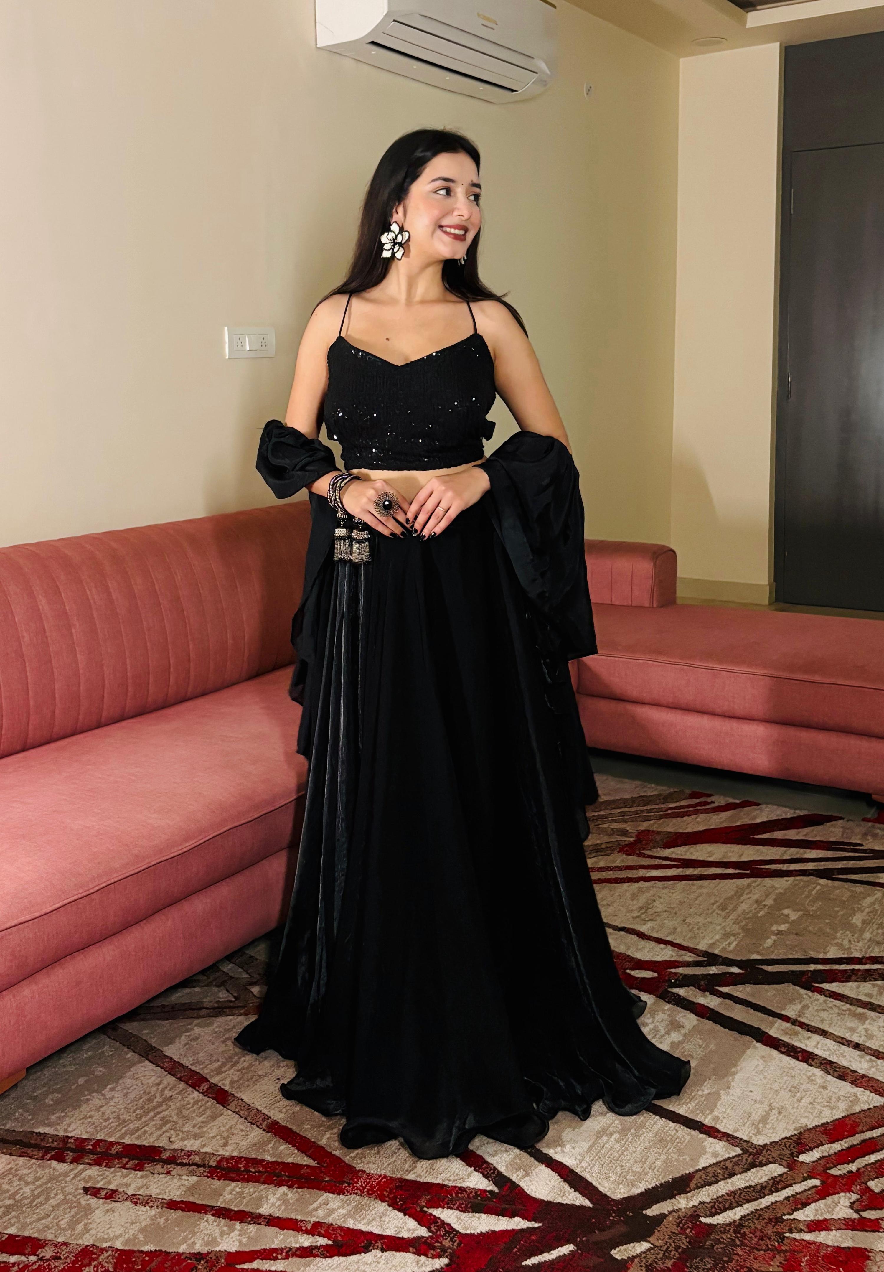 Black Fendy Satin Crush Lehenga Choli with Matching Dupatta