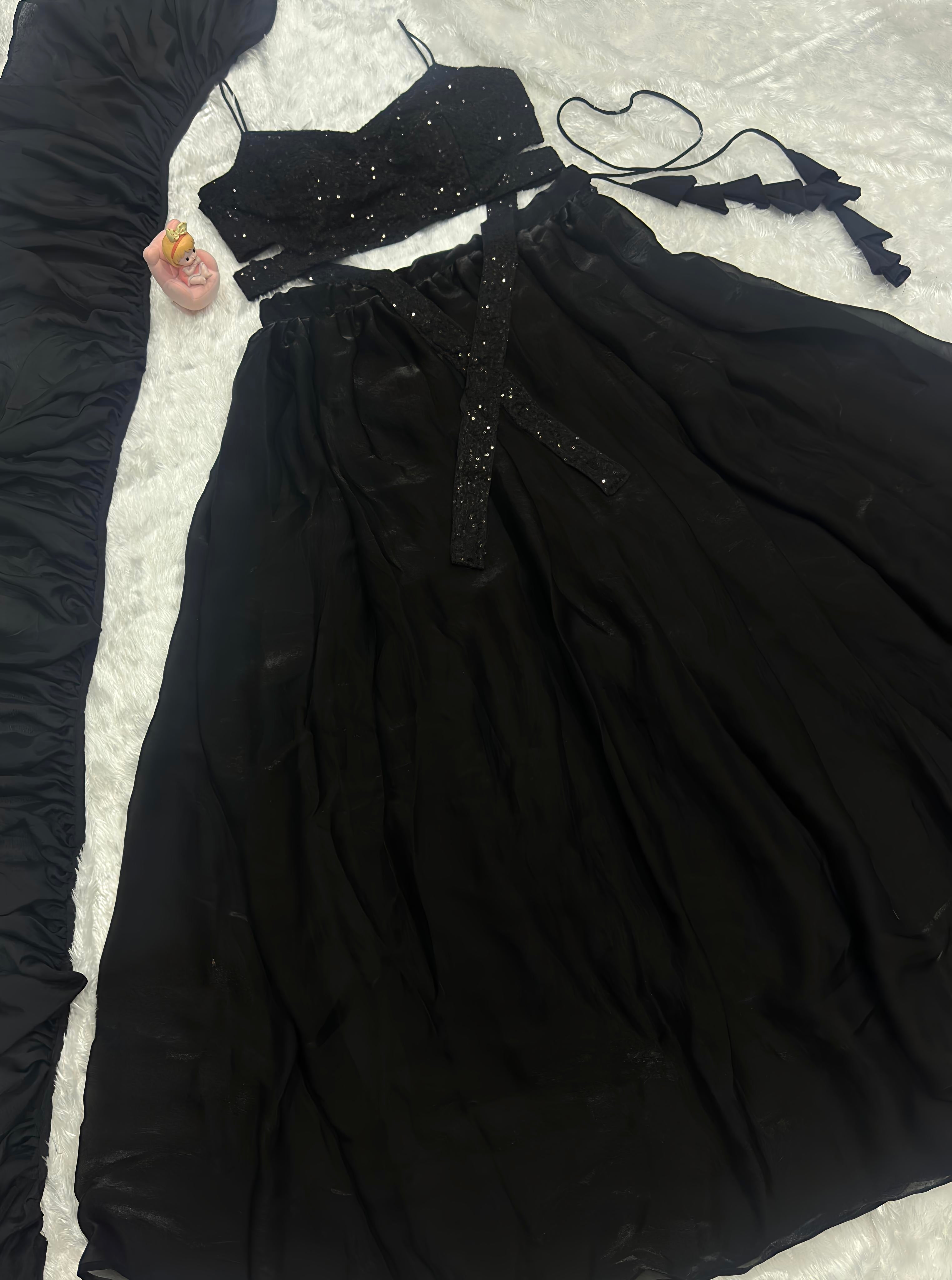 Black Fendy Satin Crush Lehenga Choli with Matching Dupatta