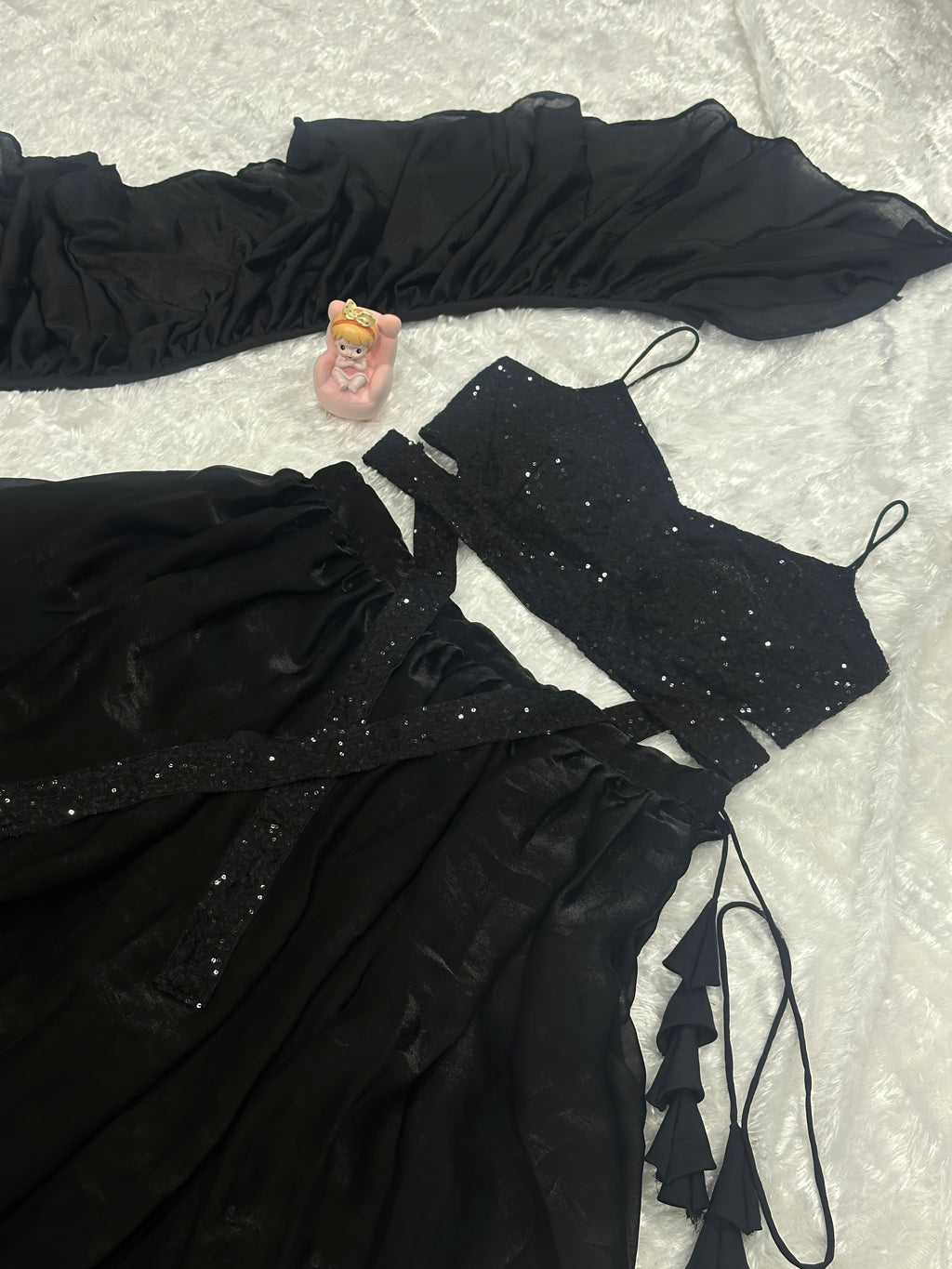 Black Fendy Satin Crush Lehenga Choli with Matching Dupatta