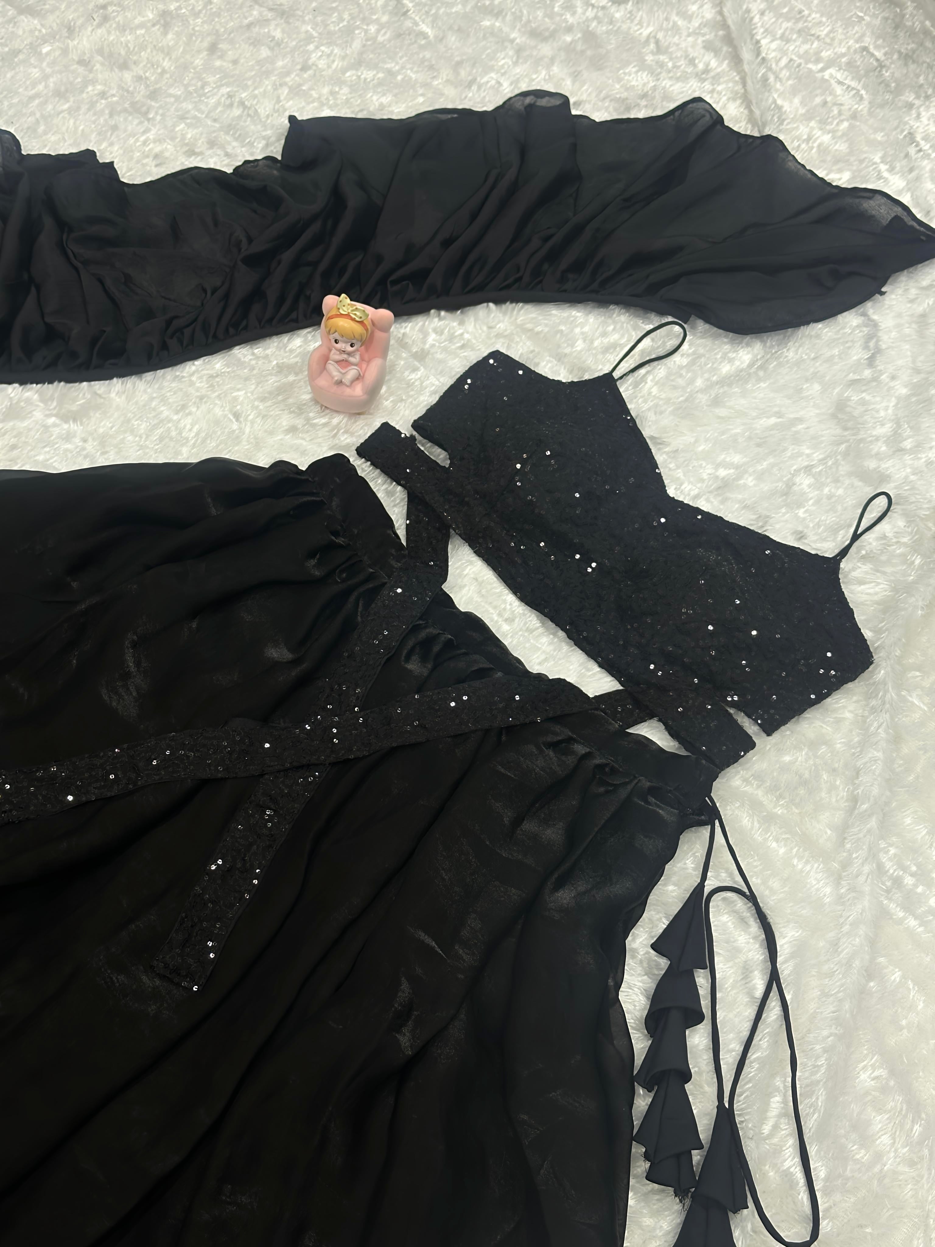 Black Fendy Satin Crush Lehenga Choli with Matching Dupatta
