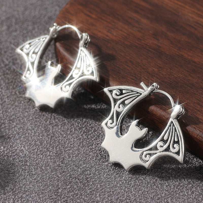 Vintage Bat Hoop Earrings Silver Tone Brass Women Gothic Halloween Party Statement Fashion Jewelry Unique