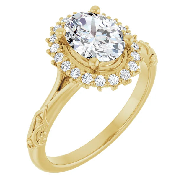 Vintage Halo Oval Engagement Ring 14K Yellow Gold