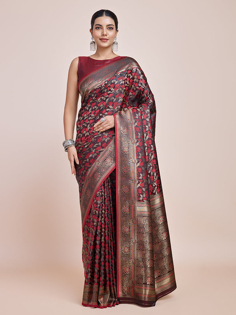 Maroon Banarasi satin silk saree with traditional woven zari