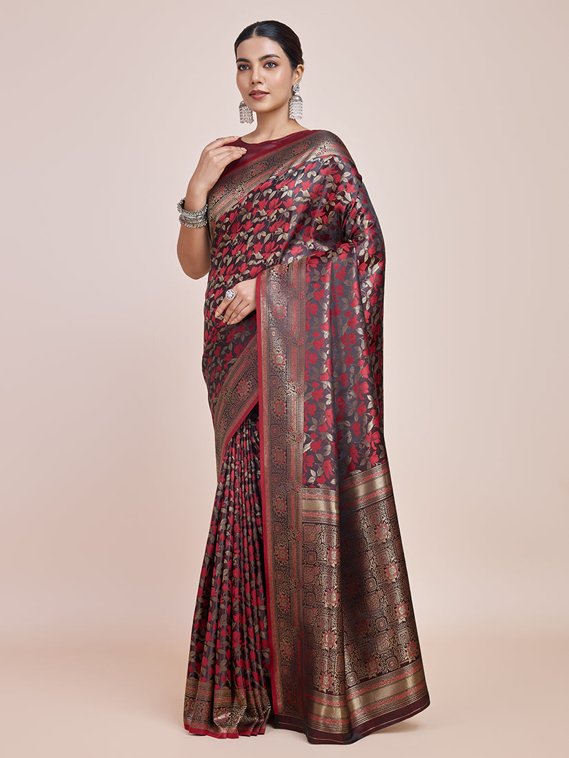 Maroon Banarasi Satin Silk Designer Saree with Zari Weave