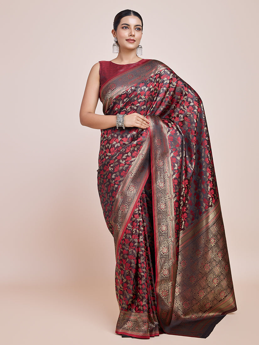 Maroon Banarasi Satin Silk Designer Saree with Zari Weave