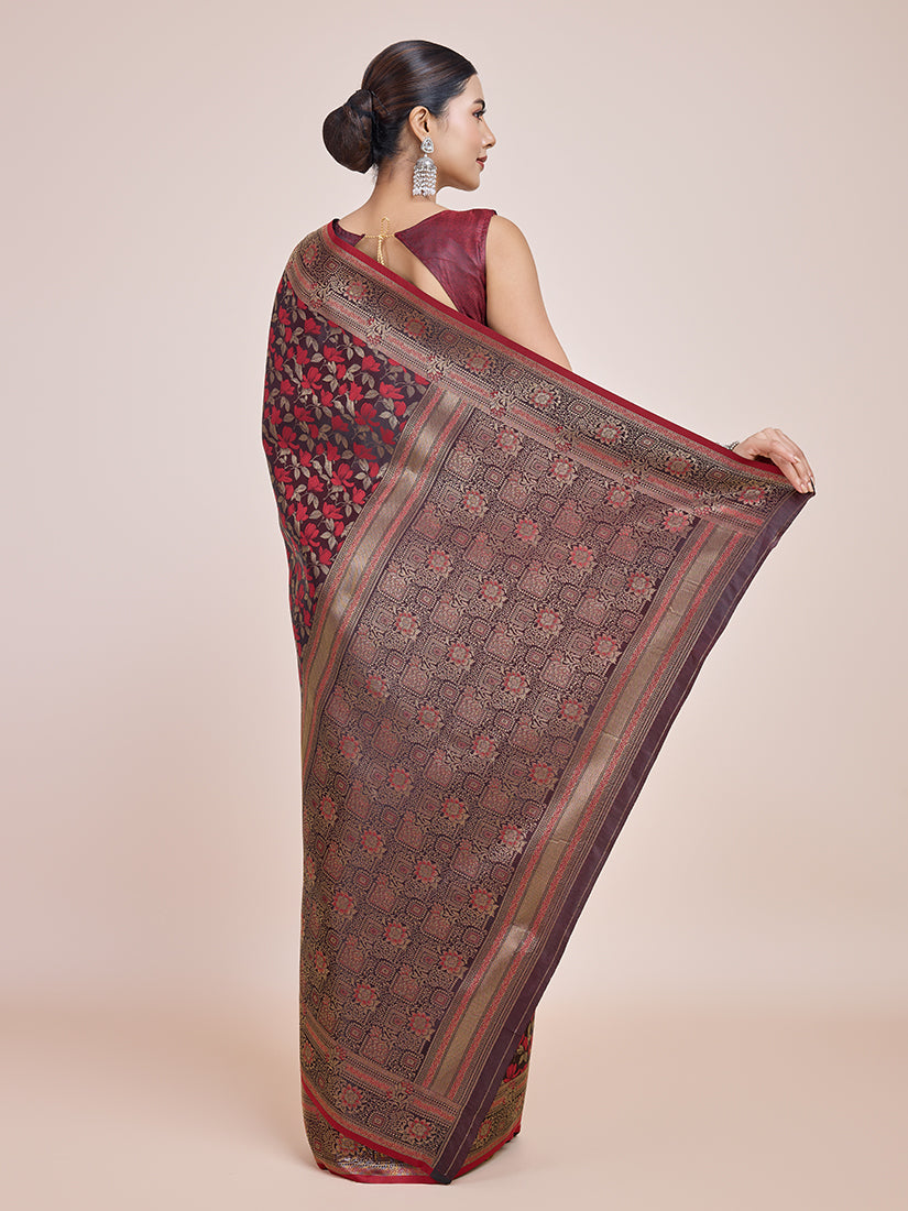 Maroon Banarasi Satin Silk Designer Saree with Zari Weave