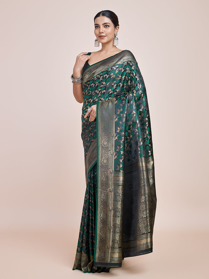 Dark Green Banarasi Satin Silk Saree with Zari Weaving