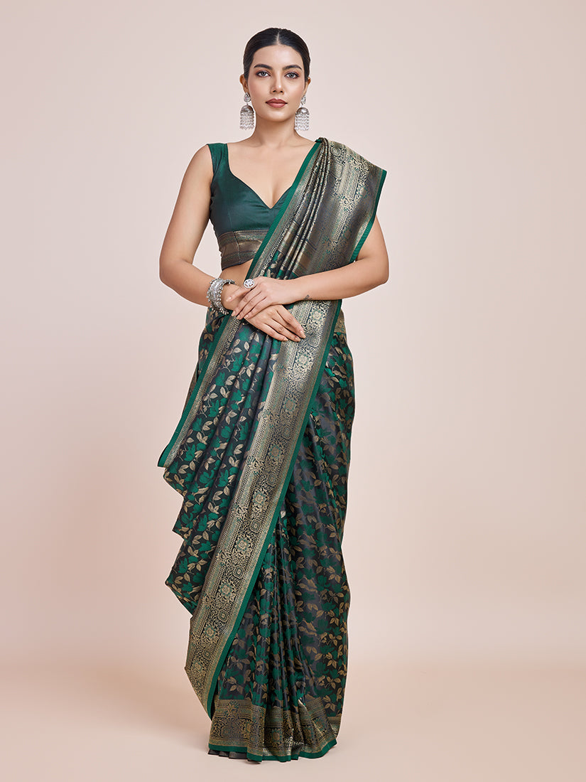 Dark Green Banarasi Satin Silk Saree with Zari Weaving